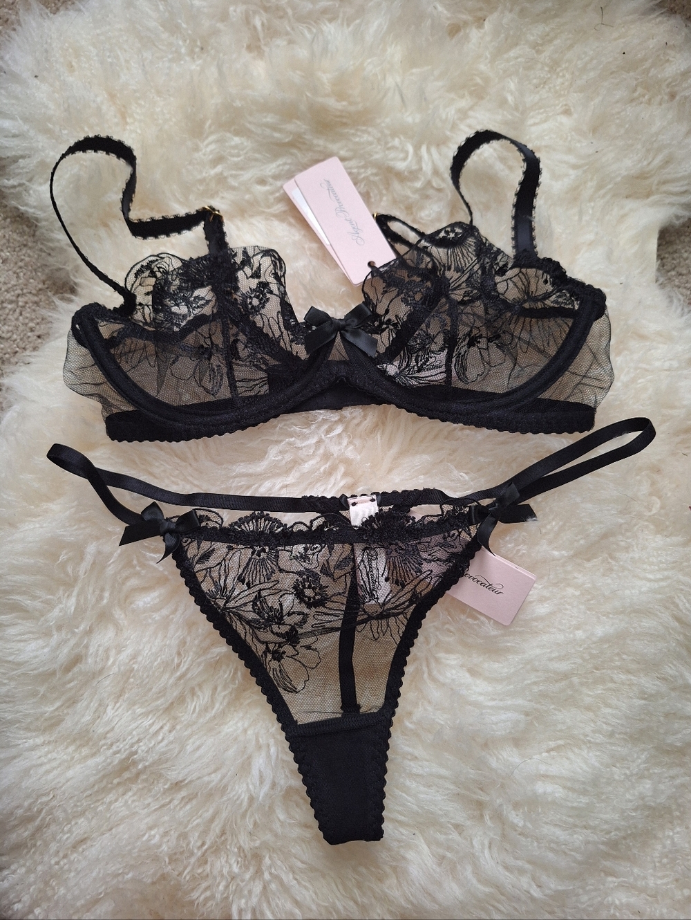 AP Jayce Black Floral Sheer Lace Bra & Thong Set